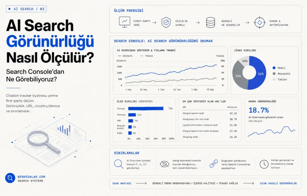 AI Search görünürlüğünün Search Console verileriyle nasıl ölçülebileceğini; gösterim ve tıklama trendleri, cihaz, ülke ve URL kırılımları ile ölçüm sınırlamalarını gösteren veri odaklı diyagram.