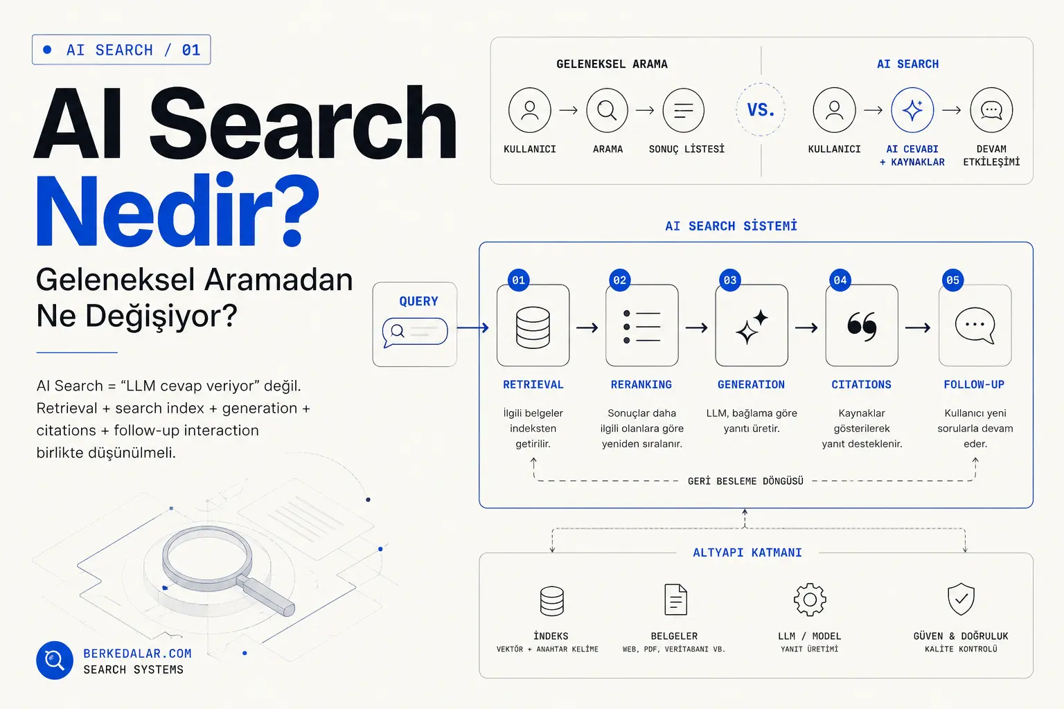 AI Search sisteminde query, retrieval, reranking, generation, citations ve follow-up interaction aşamalarını geleneksel aramayla karşılaştıran süreç diyagramı.