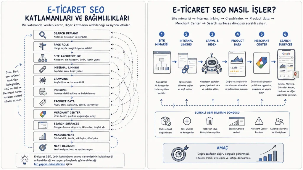 E-ticaret SEO sisteminde search demand, sayfa rolü, site mimarisi, internal linking, crawling, indexing, product data, Merchant Center, search surfaces ve measurement katmanlarının birbirine bağlı çalışma modeli.