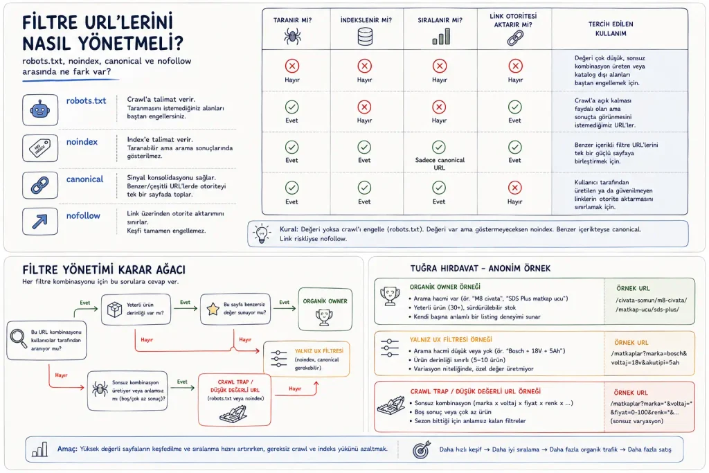 Faceted navigation URL’lerinde robots.txt, noindex, canonical ve nofollow kullanım farklarını ve filtre kombinasyonlarını organik owner, UX filtresi veya crawl trap olarak ayıran SEO karar ağacı.