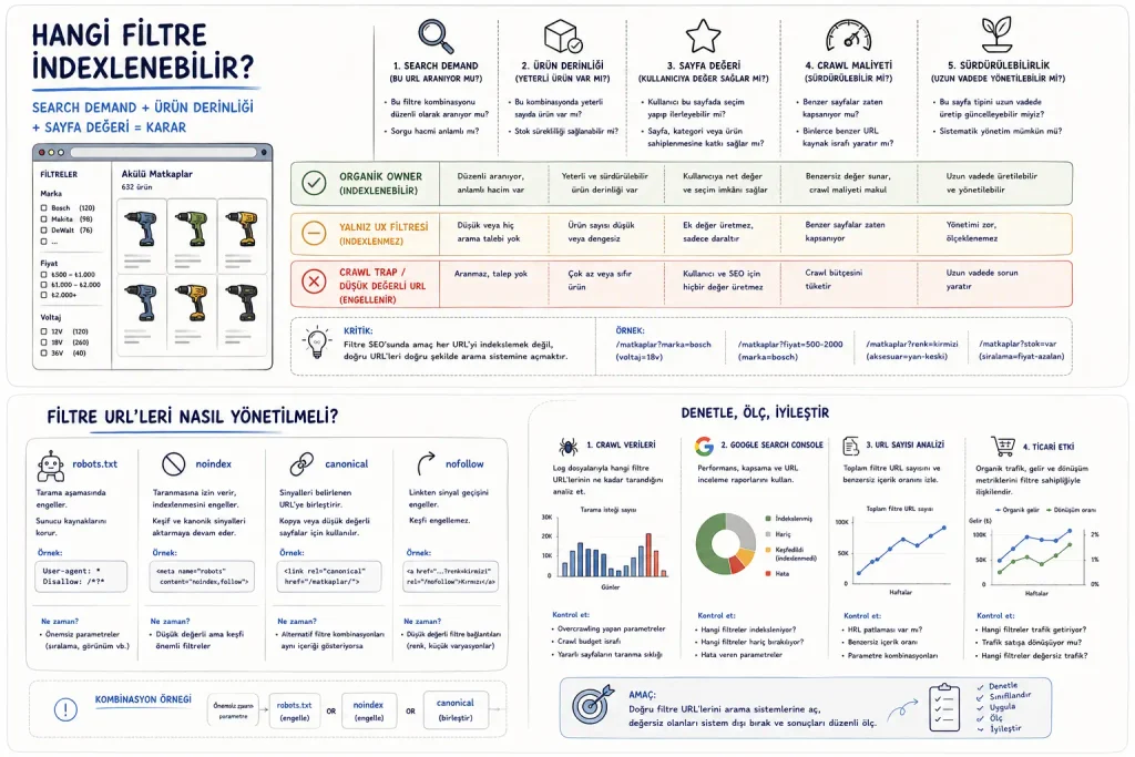 E-ticaret filtre URL’lerinin search demand, ürün derinliği, sayfa değeri, crawl maliyeti ve sürdürülebilirlik kriterlerine göre indexlenebilir olup olmadığını değerlendiren karar modeli.