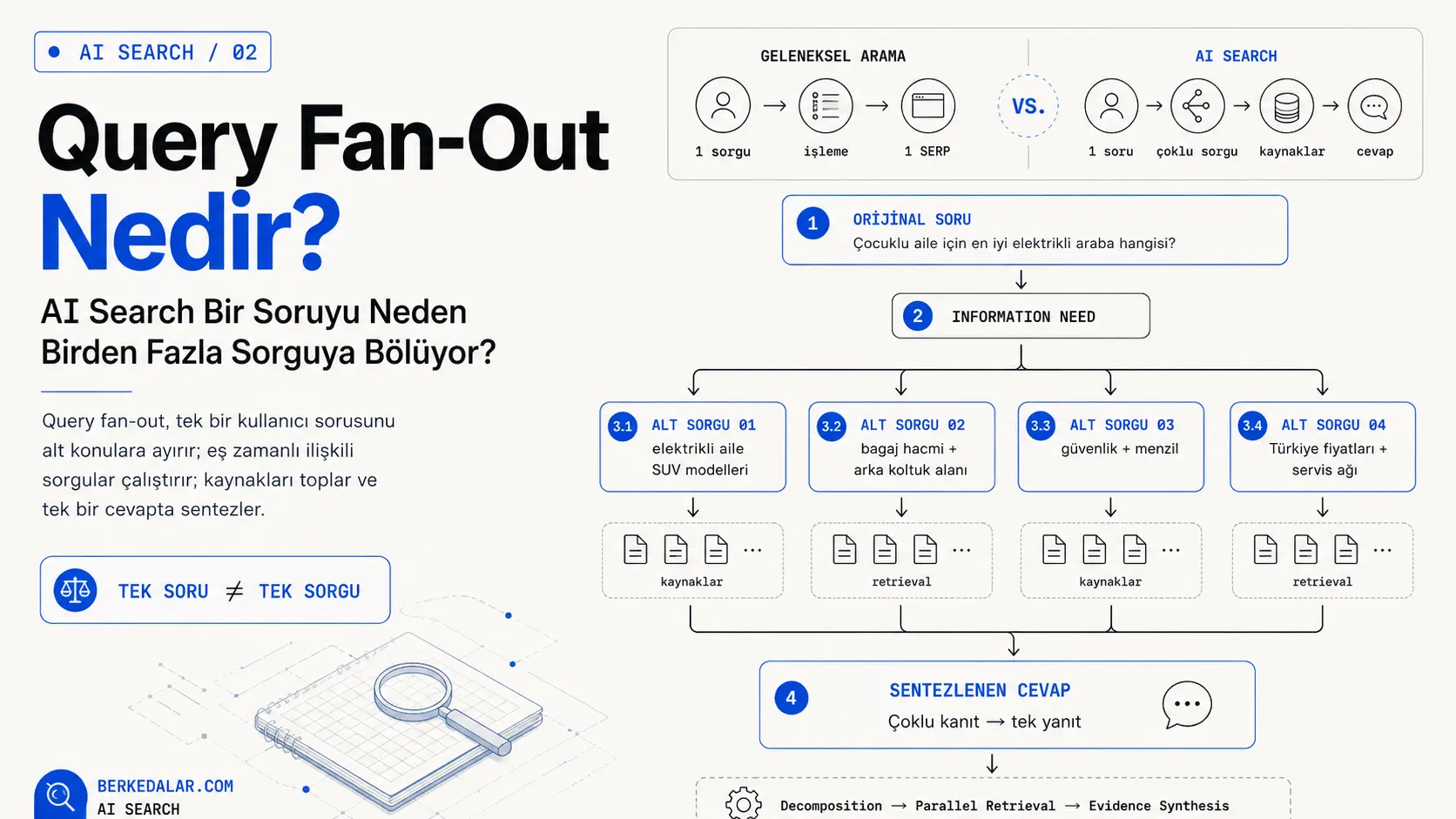 Query fan-out sürecinde tek bir kullanıcı sorusunun birden fazla alt sorguya ayrılması, kaynakların paralel olarak getirilmesi ve bilgilerin tek AI Search cevabında sentezlenmesini gösteren diyagram.