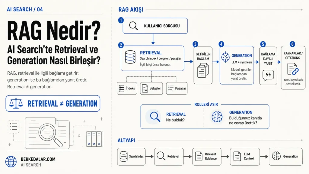 RAG sürecinde kullanıcı sorgusundan ilgili belgelerin retrieval ile getirilmesini, bu bağlamın LLM tarafından işlenerek kaynaklı bir yanıt üretilmesini gösteren AI Search diyagramı.