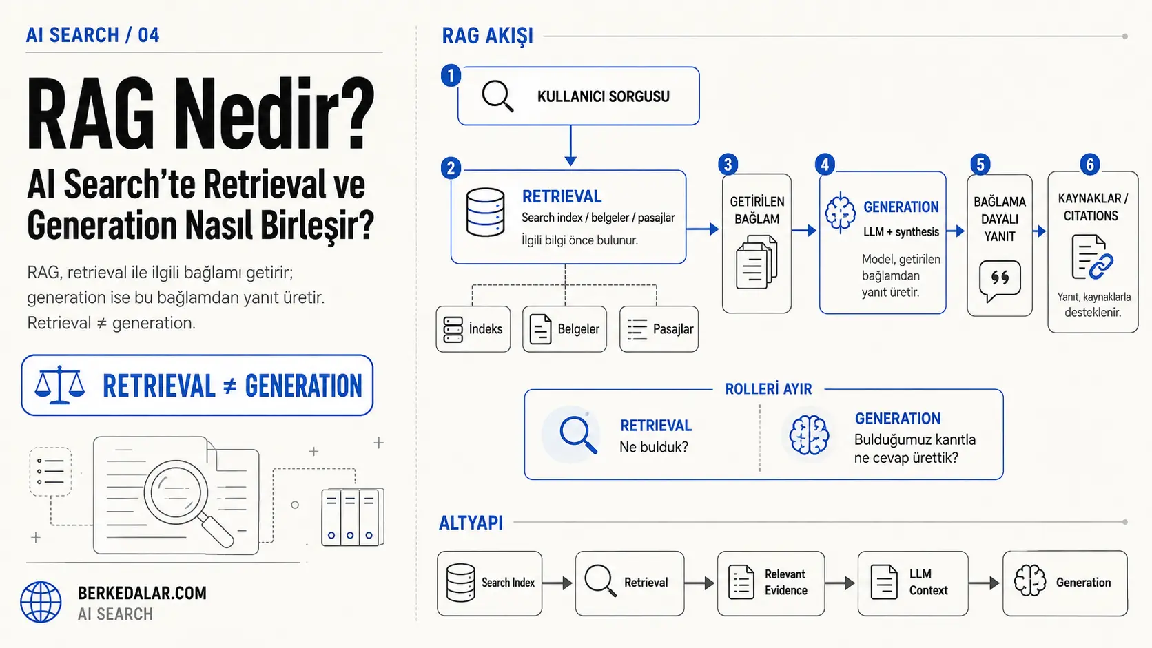 RAG sürecinde kullanıcı sorgusundan ilgili belgelerin retrieval ile getirilmesini, bu bağlamın LLM tarafından işlenerek kaynaklı bir yanıt üretilmesini gösteren AI Search diyagramı.
