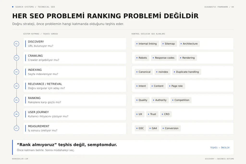 SEO stratejisinin business goal, search demand, mevcut durum, öncelik, bağımlılık, uygulama ve ölçüm aşamalarından oluşan karar döngüsünü gösteren framework