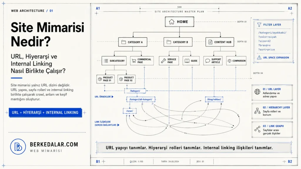 Site mimarisinde URL yapısı, sayfa hiyerarşisi, internal linking ve faceted navigation ilişkilerini mimari plan ve link graph yaklaşımıyla gösteren teknik diyagram.
