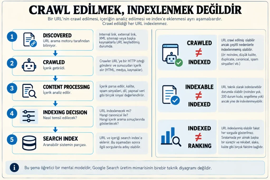 Bir URL'nin keşfedilmesi, crawl edilmesi, içeriğinin işlenmesi ve search index'e eklenmesinin ayrı aşamalar olduğunu; crawl edilen veya indexlenebilir her URL'nin mutlaka indexlenmeyeceğini gösteren şema.