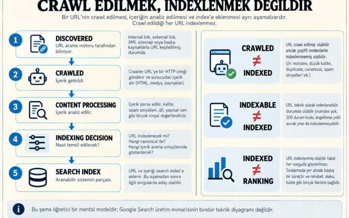 Bir URL'nin keşfedilmesi, crawl edilmesi, içeriğinin işlenmesi ve search index'e eklenmesinin ayrı aşamalar olduğunu; crawl edilen veya indexlenebilir her URL'nin mutlaka indexlenmeyeceğini gösteren şema.