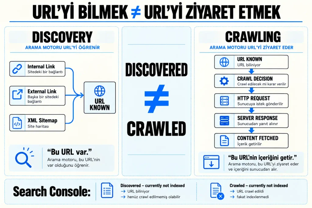 Discovery ve crawling arasındaki farkı gösteren şema; arama motorunun bir URL'yi iç veya dış bağlantılar ile XML sitemap üzerinden keşfetmesi ile URL'yi gerçekten ziyaret edip içeriğini crawl etmesinin farklı süreçler olduğunu açıklar.