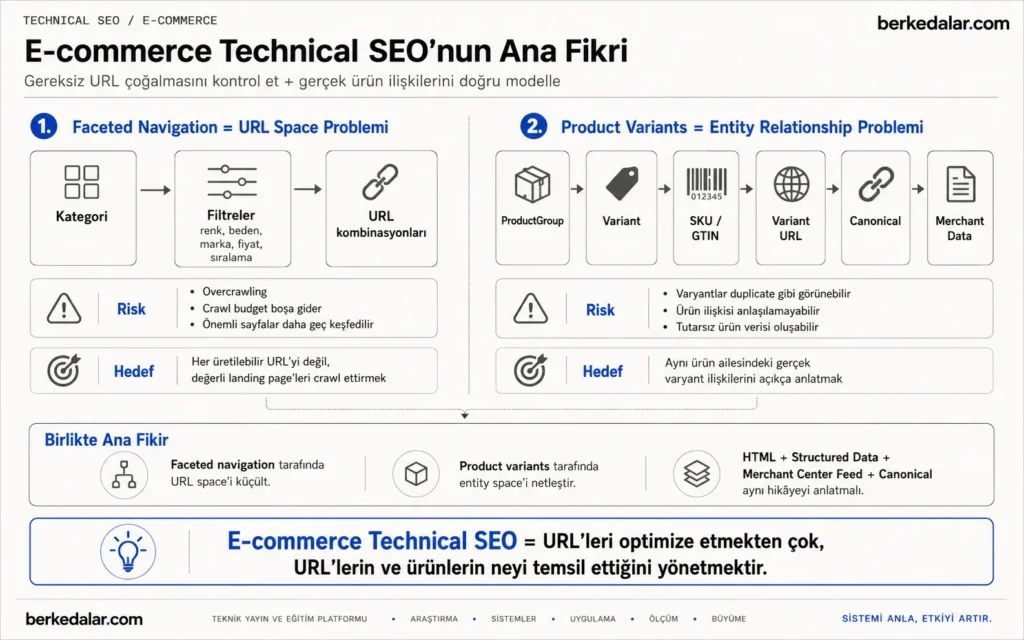 E-commerce Technical SEO’da faceted navigation ile URL çoğalması ve ProductGroup, varyant, SKU/GTIN, canonical ve Merchant Center ilişkisini açıklayan sistem diyagramı.