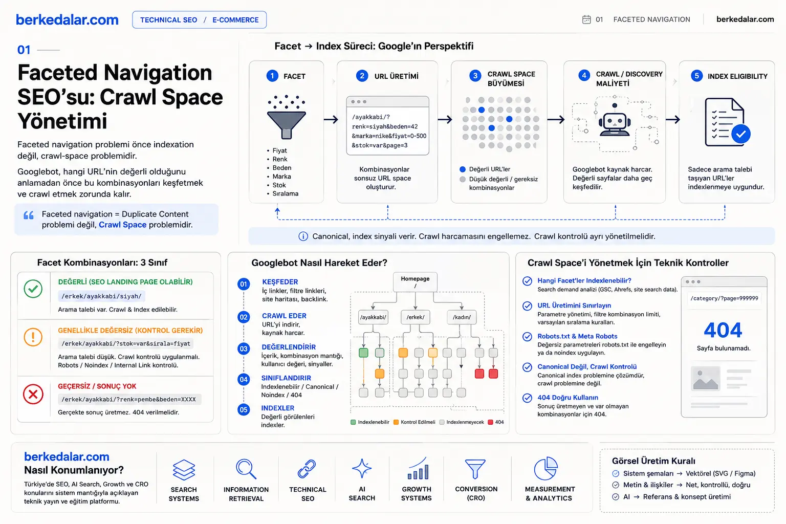 Faceted navigation’da filtre URL’lerinin crawl space’i nasıl büyüttüğünü, Googlebot’un keşif ve tarama maliyetini ve SEO için değerli, kontrol edilmesi gereken ve 404 dönmesi gereken URL türlerini gösteren teknik diyagram.