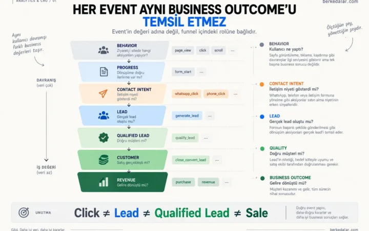 GA4 eventlerinin behavior, contact intent, lead, qualified lead ve revenue seviyelerine göre business outcome hiyerarşisi.