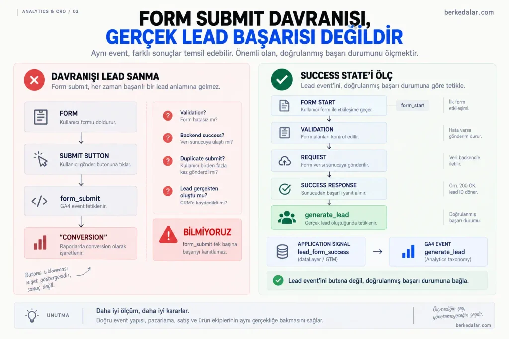 GA4 form_submit olayı ile doğrulanmış generate_lead eventinin farkını, validation ve success response adımlarıyla gösteren diyagram.