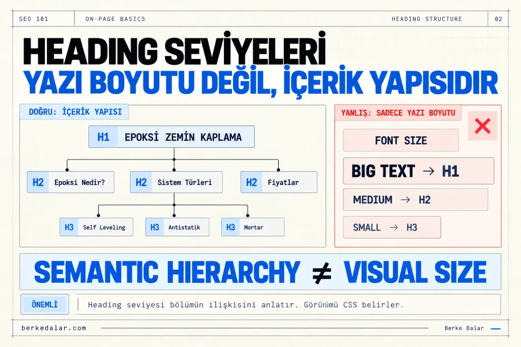 H1, H2 ve H3 heading seviyelerinin yazı boyutunu değil içerik hiyerarşisini temsil ettiğini; doğru semantik yapı ile yanlış font boyutu yaklaşımını karşılaştıran diyagram