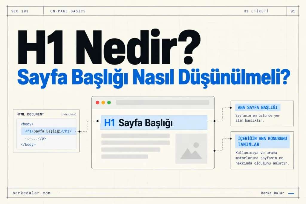 SEO title, H1 etiketi ve Google title link’in aynı katman olmadığını; HTML , sayfa içi ve arama sonucu başlığı üzerinden gösteren teknik SEO diyagramı.