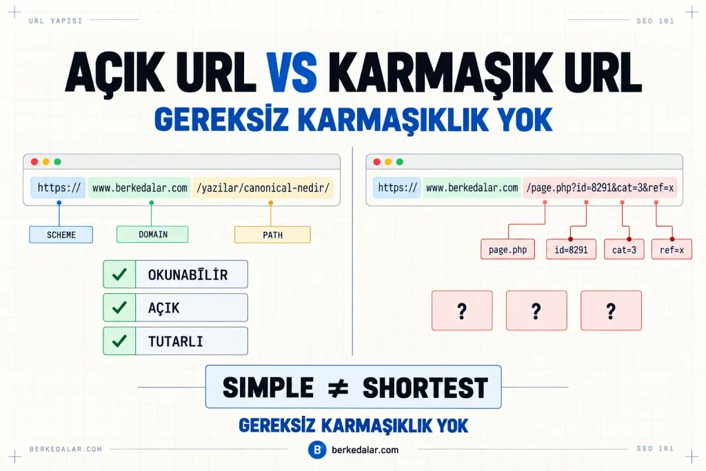 Okunabilir ve tutarlı bir URL ile gereksiz parametreler içeren karmaşık bir URL’yi karşılaştırarak iyi URL yapısının en kısa değil, en anlaşılır yapı olduğunu gösteren diyagram.