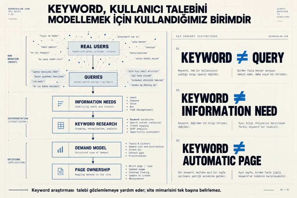 Keyword araştırmasının kullanıcı sorgularından bilgi ihtiyacına, demand modeline ve page ownership kararına nasıl ilerlediğini; keyword, query ve information need farklarını gösteren teknik SEO diyagramı.