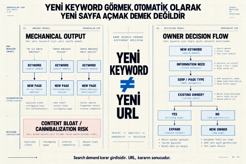 Yeni keyword’ler için otomatik yeni sayfa açmanın içerik şişmesi ve cannibalization riski yarattığını; doğru yaklaşımda information need, SERP ve mevcut page owner kontrolüyle expand veya new owner kararı verildiğini gösteren SEO karar diyagramı.
