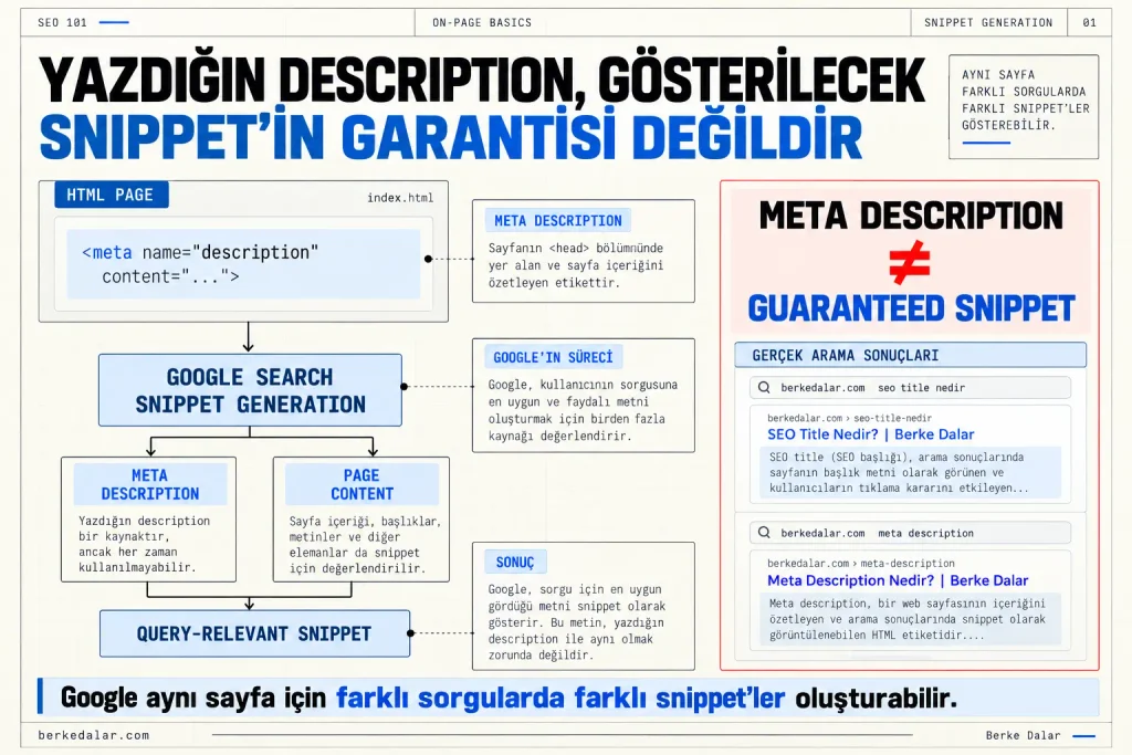 Keyword listesi şeklinde yazılan meta description ile sayfa konusu, kullanıcı beklentisi ve ayırt edici detayları özetleyen açıklayıcı meta description yaklaşımını karşılaştıran SEO diyagramı.