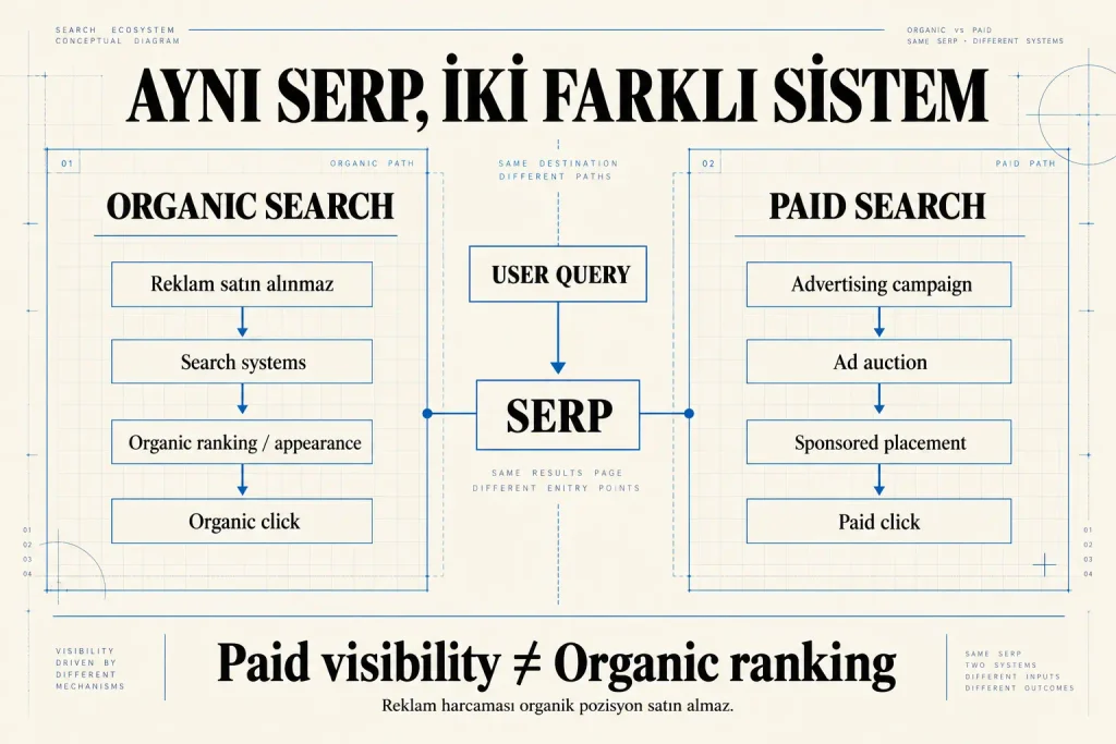 Organik arama ve ücretli aramanın aynı SERP üzerinde farklı sistemlerle çalıştığını gösteren şema; organik tarafta arama sistemleri ve sıralama, ücretli tarafta reklam kampanyası ve açık artırma süreci karşılaştırılıyor.