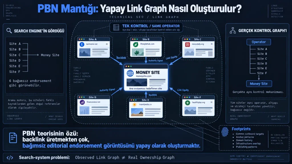 PBN yapısında bağımsız görünen altı sitenin tek bir operatör tarafından kontrol edilerek ana siteye backlink, otorite ve link equity sinyalleri aktardığını gösteren teknik link graph diyagramı.