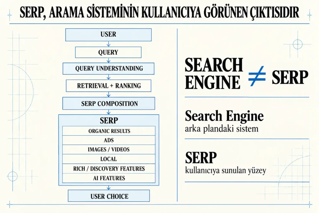 Arama motoru ile SERP arasındaki farkı gösteren diyagram; kullanıcı sorgusunun anlaşılması, sonuçların sıralanması ve organik sonuçlar, reklamlar, görseller, yerel sonuçlar ve AI özelliklerinden oluşan SERP'in kullanıcıya sunulma süreci.