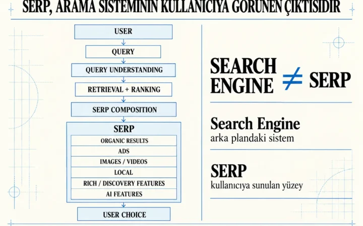 Arama motoru ile SERP arasındaki farkı gösteren diyagram; kullanıcı sorgusunun anlaşılması, sonuçların sıralanması ve organik sonuçlar, reklamlar, görseller, yerel sonuçlar ve AI özelliklerinden oluşan SERP'in kullanıcıya sunulma süreci.