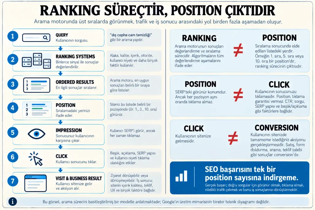 Ranking, position, impression, click ve business result arasındaki farkı gösteren şema; arama motorundaki sıralama sürecinin yalnızca position üretmediğini, görünürlük, tıklama ve dönüşümün ayrı aşamalar olduğunu açıklar.