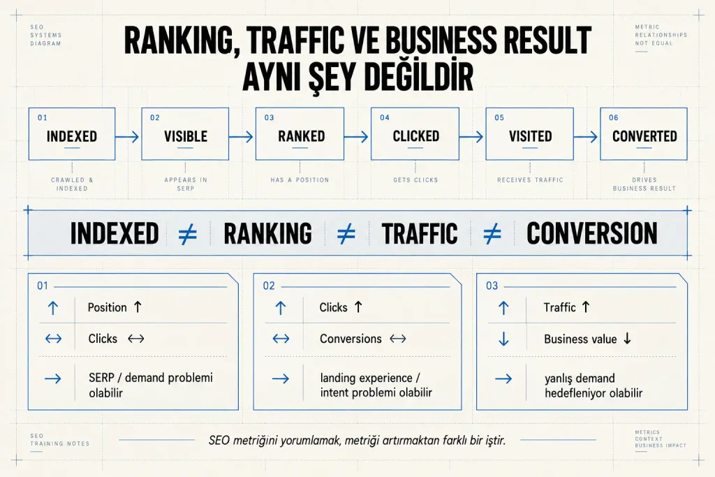 SEO sonuç zincirini gösteren diyagram: Indexed, Visible, Ranked, Clicked, Visited ve Converted aşamaları; sıralama, trafik ve dönüşüm metriklerinin aynı sonucu ifade etmediğini gösteren üç örnek senaryo.