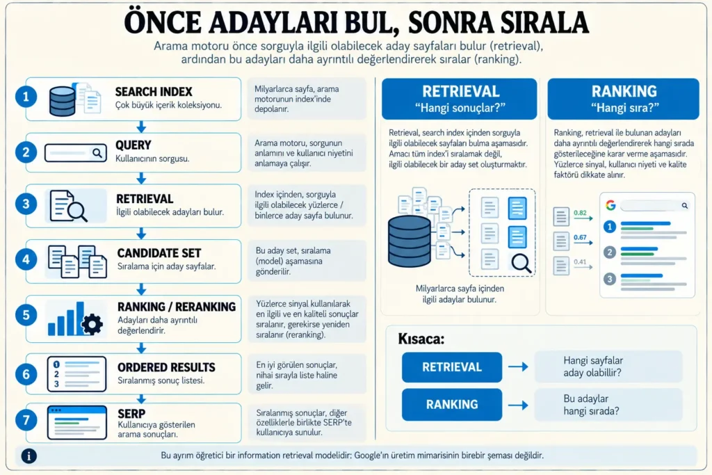 Arama motorunun önce ilgili aday sayfaları retrieval ile bulup ardından ranking aşamasında sıralamasını gösteren information retrieval diyagramı.