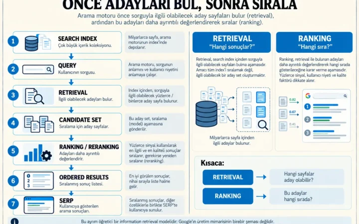 Arama motorunun önce ilgili aday sayfaları retrieval ile bulup ardından ranking aşamasında sıralamasını gösteren information retrieval diyagramı.