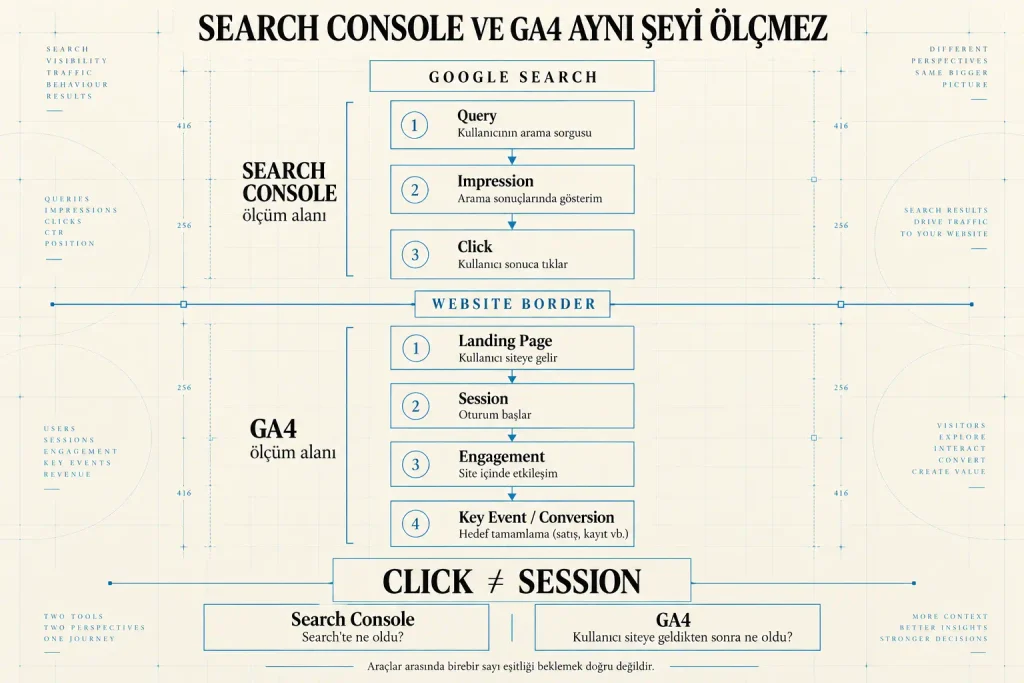 Search Console’ın sorgu, gösterim ve tıklamayı; GA4’ün ise landing page, session, engagement ve conversion aşamalarını ölçtüğünü gösteren karşılaştırmalı organik arama ölçüm diyagramı.