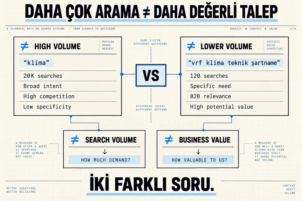 Yüksek arama hacmi ile yüksek iş değerinin aynı şey olmadığını, “klima” ve “vrf klima teknik şartname” sorguları üzerinden karşılaştıran search volume ve business value diyagramı.