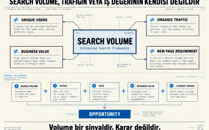 Search volume’un unique users, organic traffic, business value ve yeni sayfa ihtiyacıyla aynı şey olmadığını; intent, SERP, business value ve mevcut owner ile birlikte değerlendirilmesi gerektiğini gösteren diyagram.