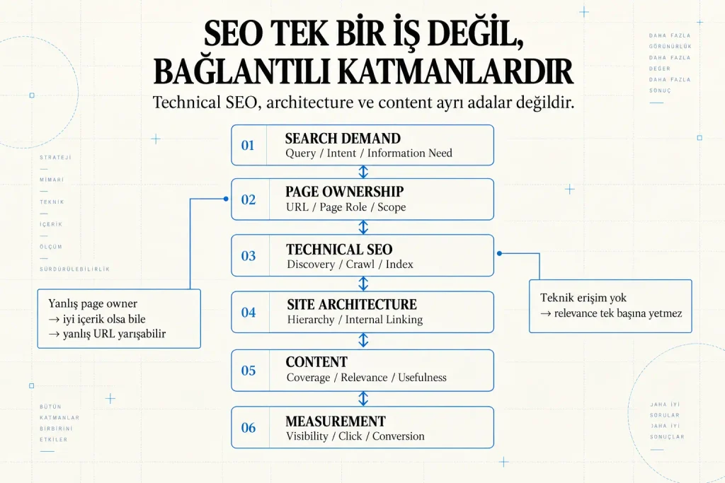 Search demand, page ownership, technical SEO, site architecture, content ve measurement katmanlarının birbirini etkilediğini gösteren SEO çalışma modeli