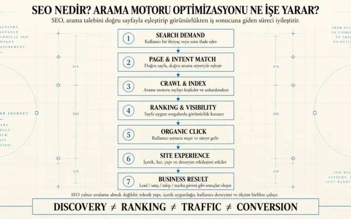 SEO’nun arama talebinden başlayarak sayfa ve niyet eşleşmesi, tarama ve indeksleme, sıralama ve görünürlük, organik tıklama, site deneyimi ve iş sonucuna uzanan sürecini gösteren akış şeması.