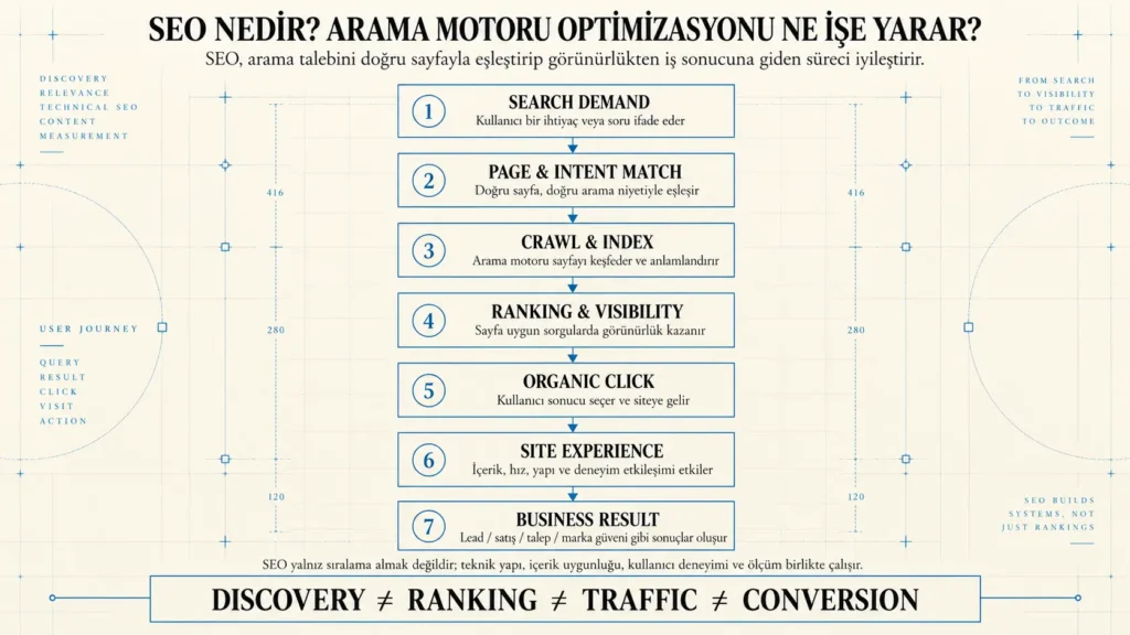 SEO’nun arama talebinden başlayarak sayfa ve niyet eşleşmesi, tarama ve indeksleme, sıralama ve görünürlük, organik tıklama, site deneyimi ve iş sonucuna uzanan sürecini gösteren akış şeması.