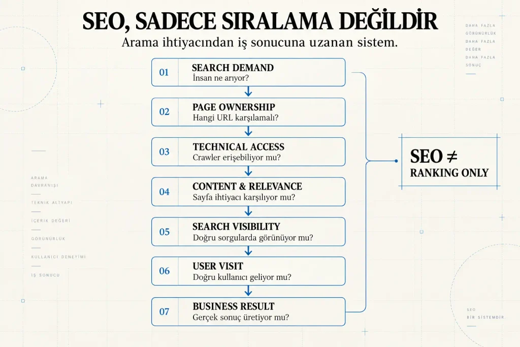 Arama talebinden doğru URL, teknik erişim, içerik, görünürlük ve kullanıcı ziyareti üzerinden iş sonucuna uzanan SEO süreci
seo-calisma-katmanlari