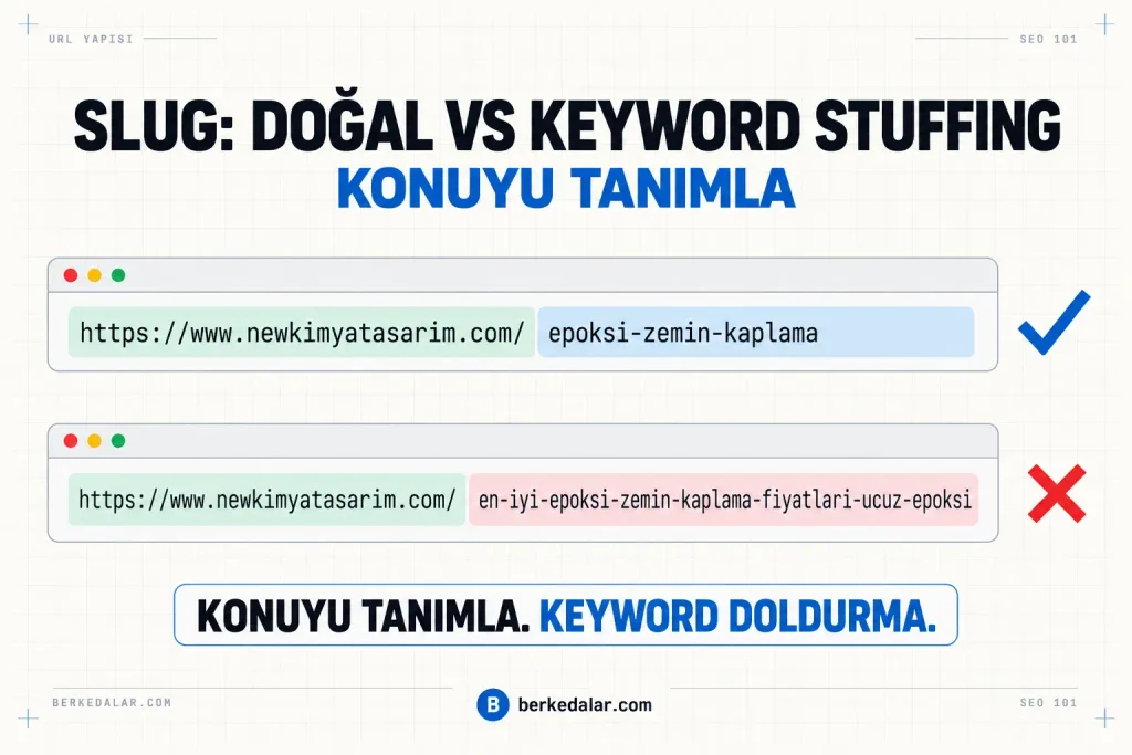 Konuyu doğal biçimde tanımlayan kısa bir slug ile anahtar kelime doldurulmuş uzun bir slug’ı karşılaştıran SEO URL diyagramı.