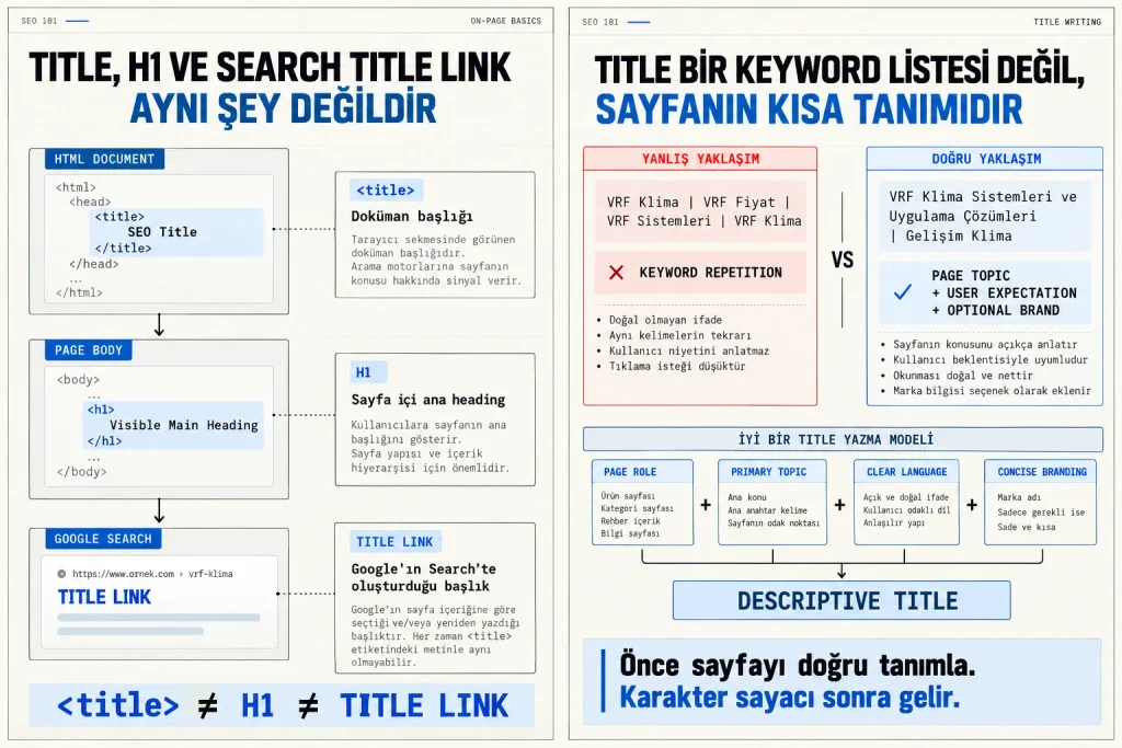 SEO title, H1 ve Google Search title link arasındaki farkları HTML <title> etiketi, sayfa içi H1 başlığı ve arama sonucu başlığı üzerinden gösteren teknik SEO diyagramı.