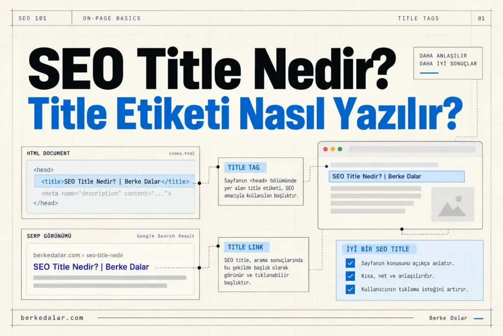 SEO title etiketinin HTML alanındaki kullanımını ve Google arama sonuçlarında title link olarak nasıl görünebildiğini anlatan, Berke Dalar markalı teknik SEO infografiği.