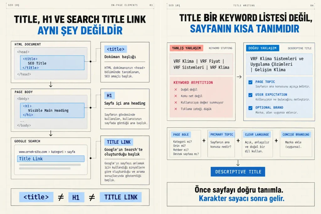 Keyword tekrarına dayalı SEO title ile sayfa konusu, kullanıcı beklentisi ve marka bilgisini net biçimde anlatan descriptive title yaklaşımını karşılaştıran SEO title yazım diyagramı.