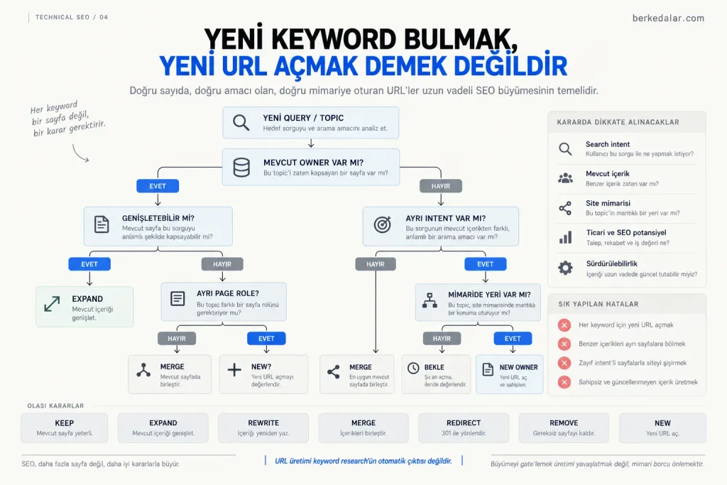 Yeni keyword veya topic için mevcut owner, search intent ve site mimarisi kontrolleri üzerinden expand, merge, bekle veya new owner kararına ulaşan SEO ownership decision tree diyagramı.