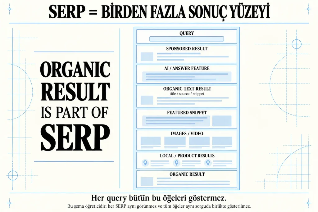 SERP'in yalnızca organik sonuçlardan oluşmadığını; reklamlar, AI yanıtları, featured snippet, görsel ve video sonuçları ile yerel ve ürün sonuçlarını da içerebildiğini gösteren şema.