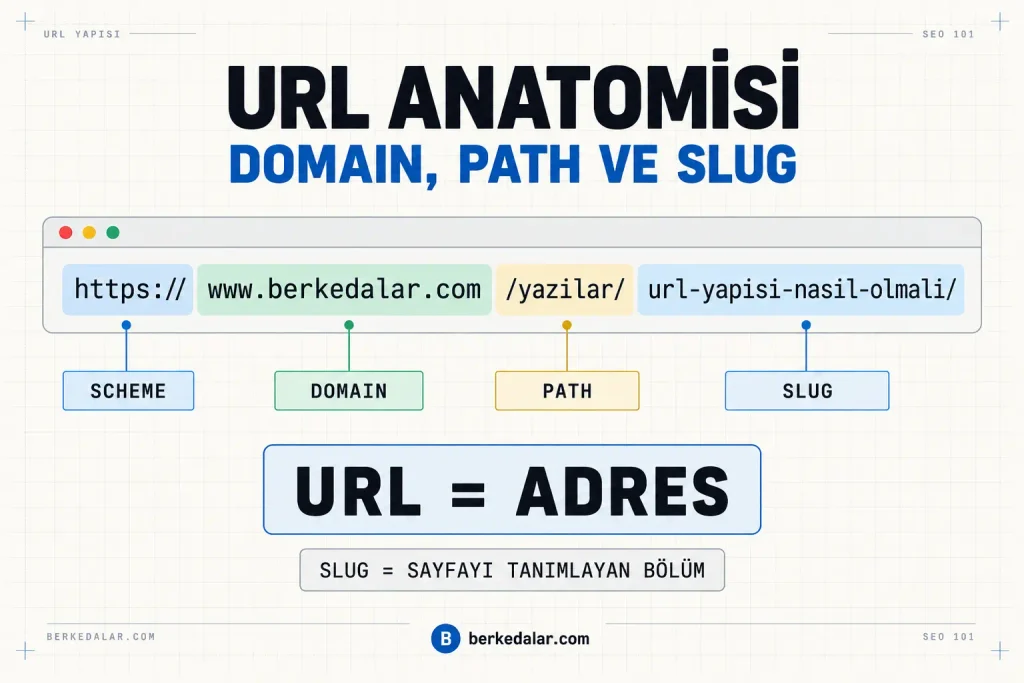 Bir URL içindeki https:// scheme, domain, path ve slug bölümlerini renklerle ayırarak URL anatomisini gösteren teknik SEO diyagramı.