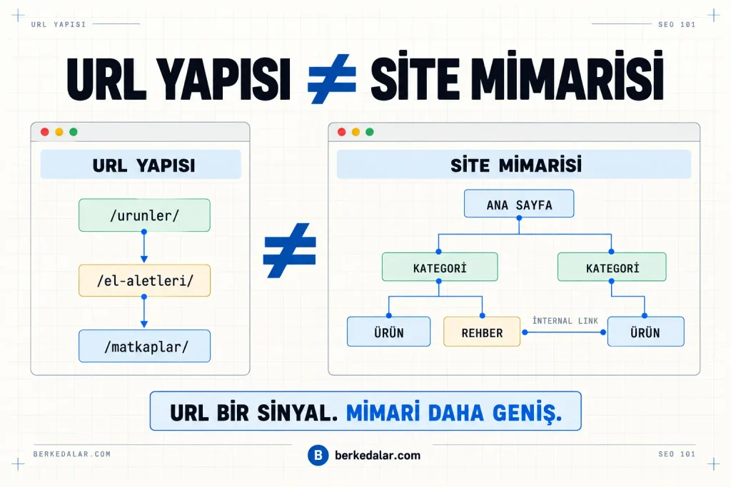 URL klasör yapısının site mimarisinin tamamı olmadığını; site mimarisinin kategori, ürün, rehber ve internal link ilişkilerini de kapsadığını gösteren şema.